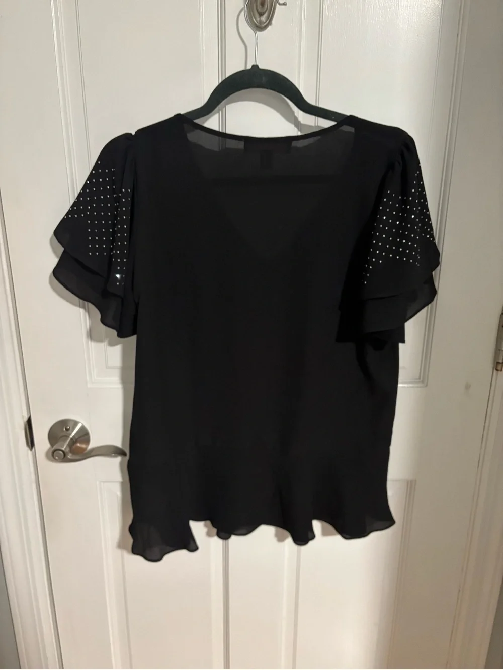 Michael Kors Black V-Neck Ruffle Sleeve Blouse with Stud Accents